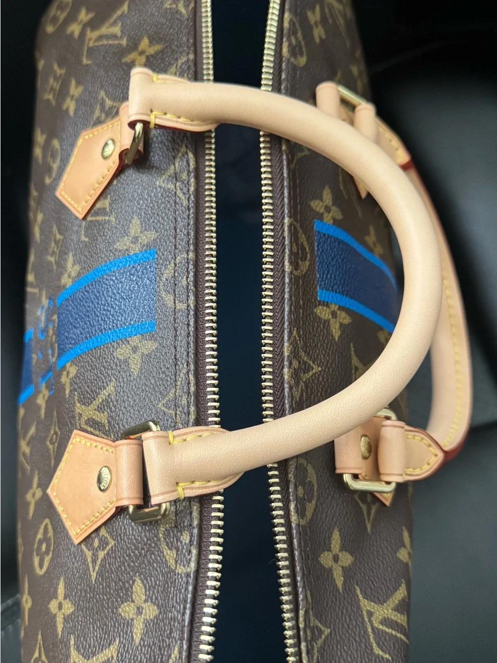 Louis Vuitton Brown Monogram Tote with Blue Racing Stripe
